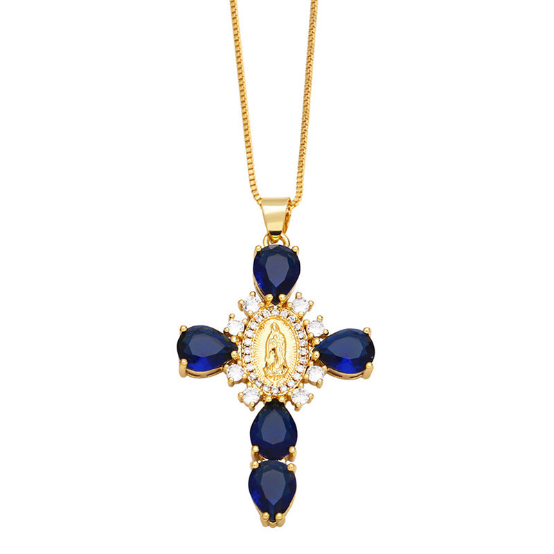 [Love Lucky]Blue Zircon Madonna Cross Pendant Necklace