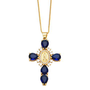 [Love Lucky]Blue Zircon Madonna Cross Pendant Necklace