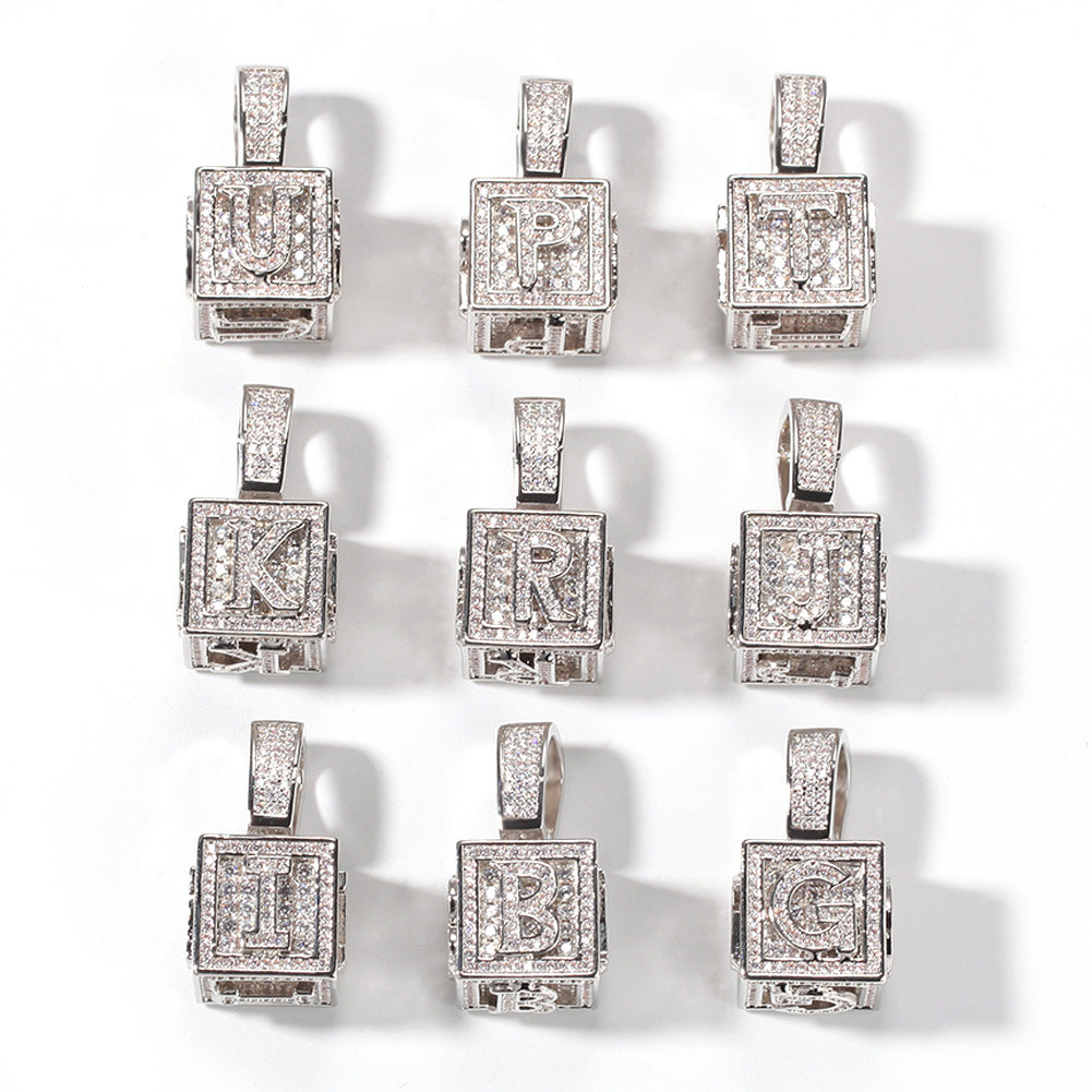 [Love Lucky]Diamond Square Dice 26 Initials Pendant Necklace