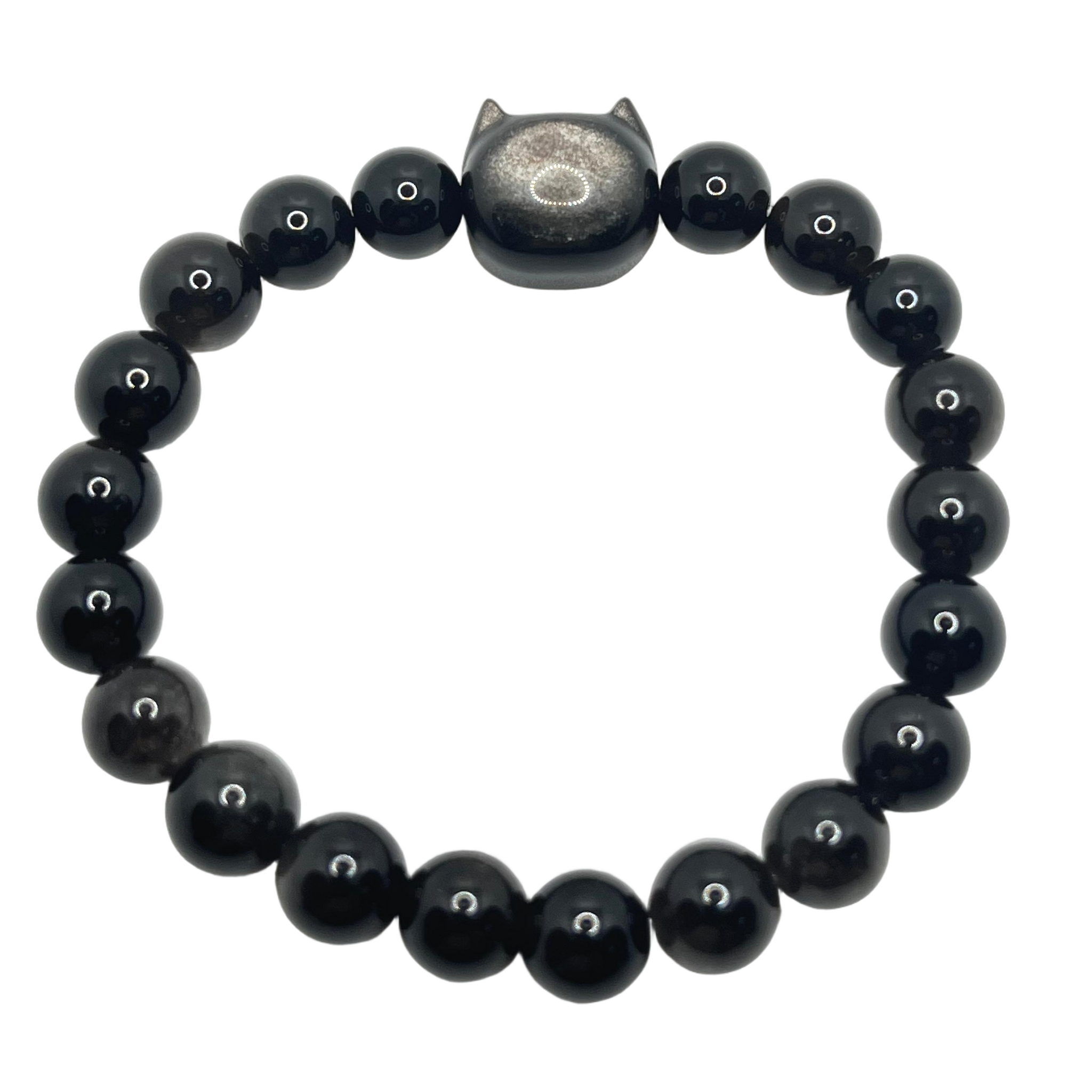 [Love Lucky]Silver Obsidian Cat Head Couple Bracelet