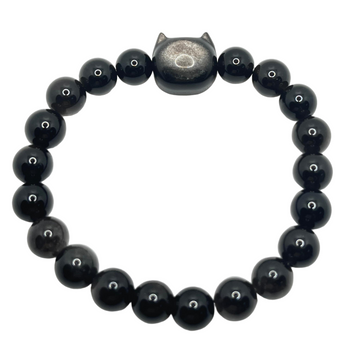 [Love Lucky]Silver Obsidian Cat Head Couple Bracelet
