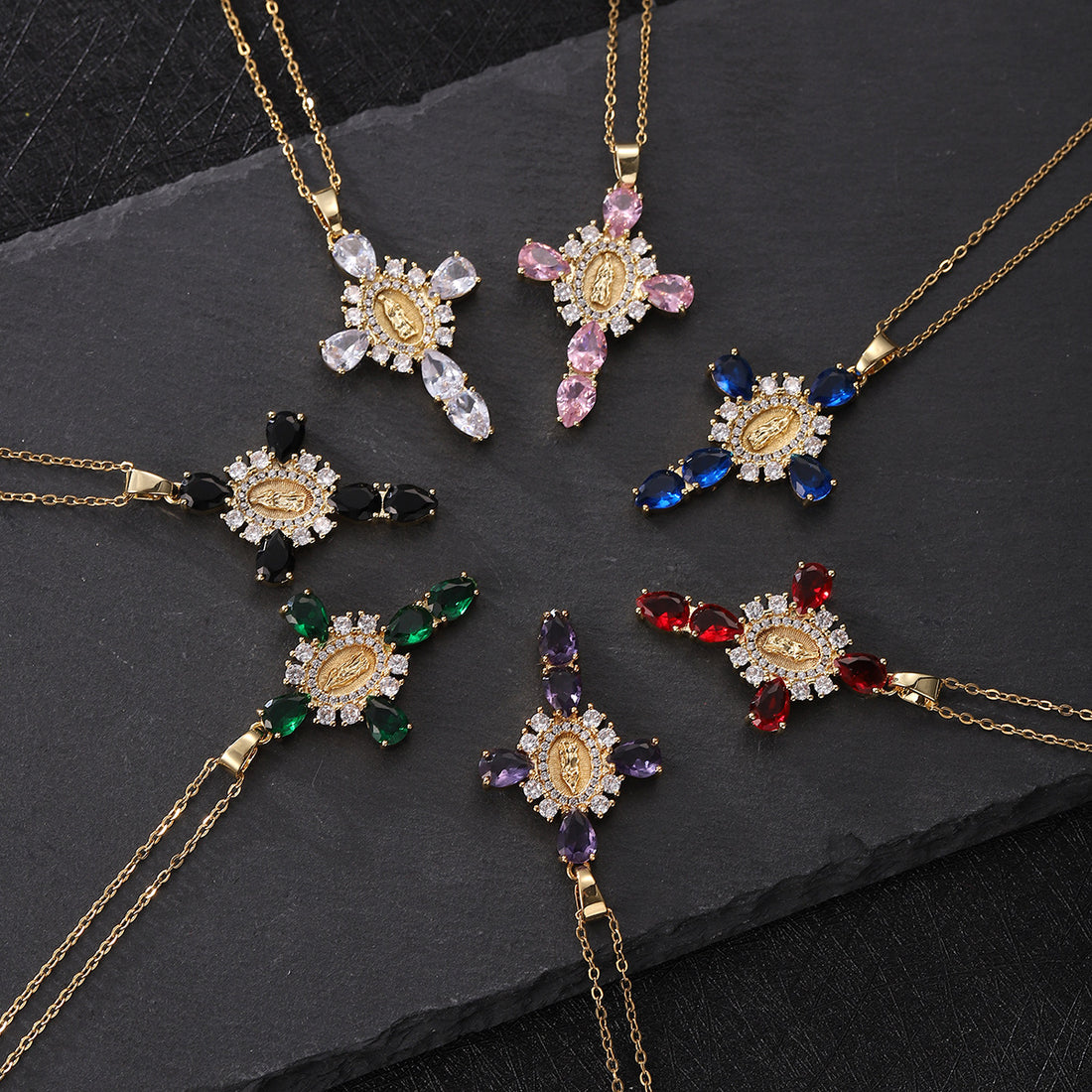 Blue Zircon Madonna Cross Pendant Necklace