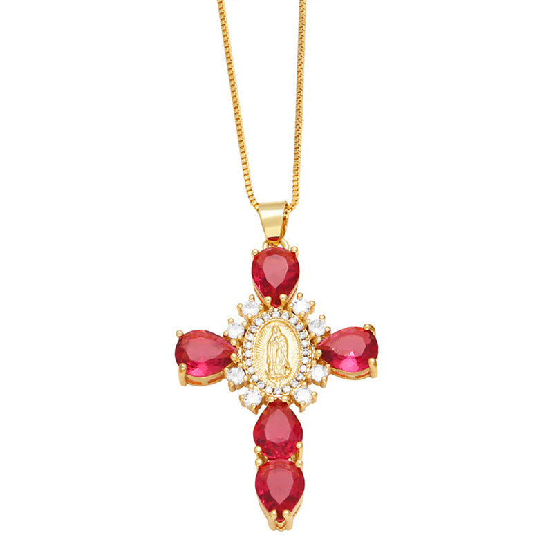 [Love Lucky]Red Zircon Madonna Cross Pendant Necklace