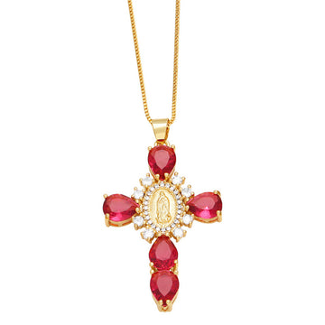 [Love Lucky]Red Zircon Madonna Cross Pendant Necklace
