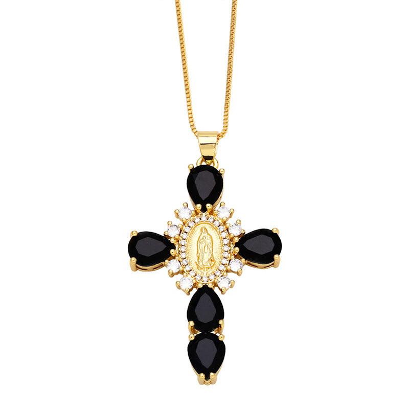 [Love Lucky]Black Zircon Madonna Cross Pendant Necklace