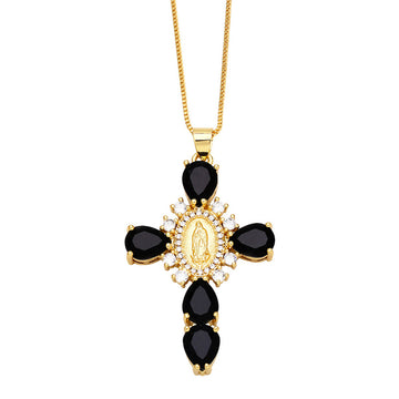 [Love Lucky]Black Zircon Madonna Cross Pendant Necklace
