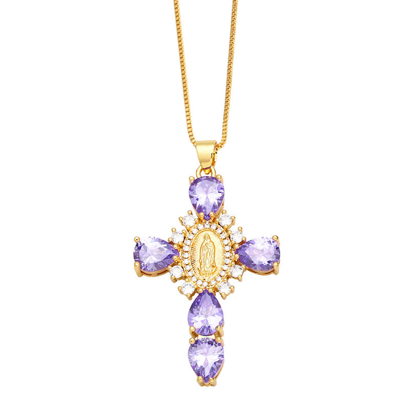 [Love Lucky]Purple Zircon Madonna Cross Pendant Necklace