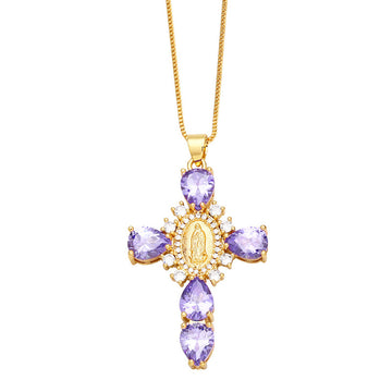 [Love Lucky]Purple Zircon Madonna Cross Pendant Necklace
