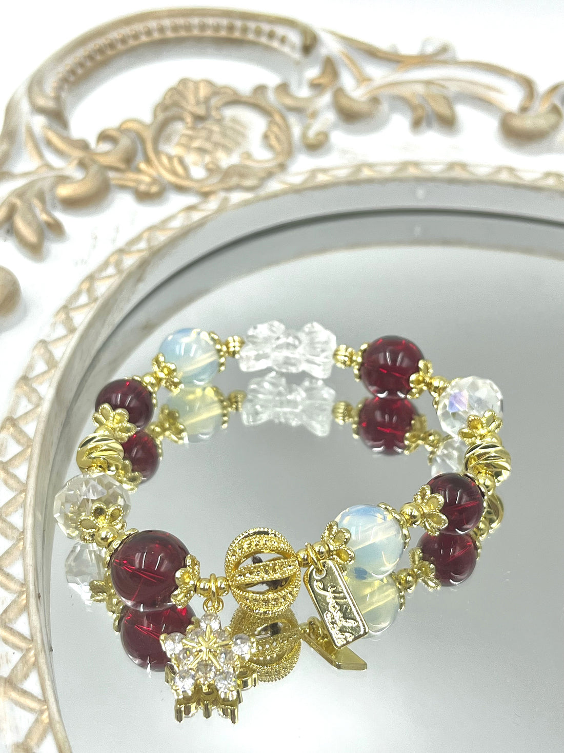 [Love Lucky]Snowflake Garnet White Crystal Opal Bracelet
