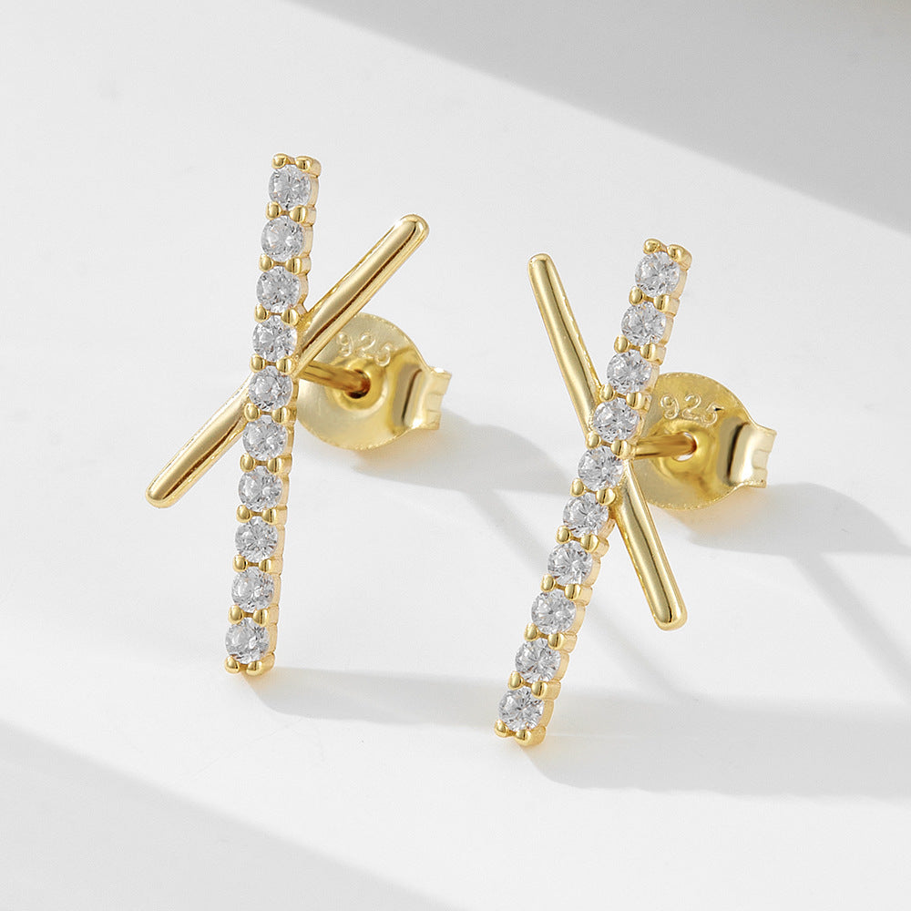 [Love Lucky]S925 Silver Cross Letter X Zircon Stud Earrings