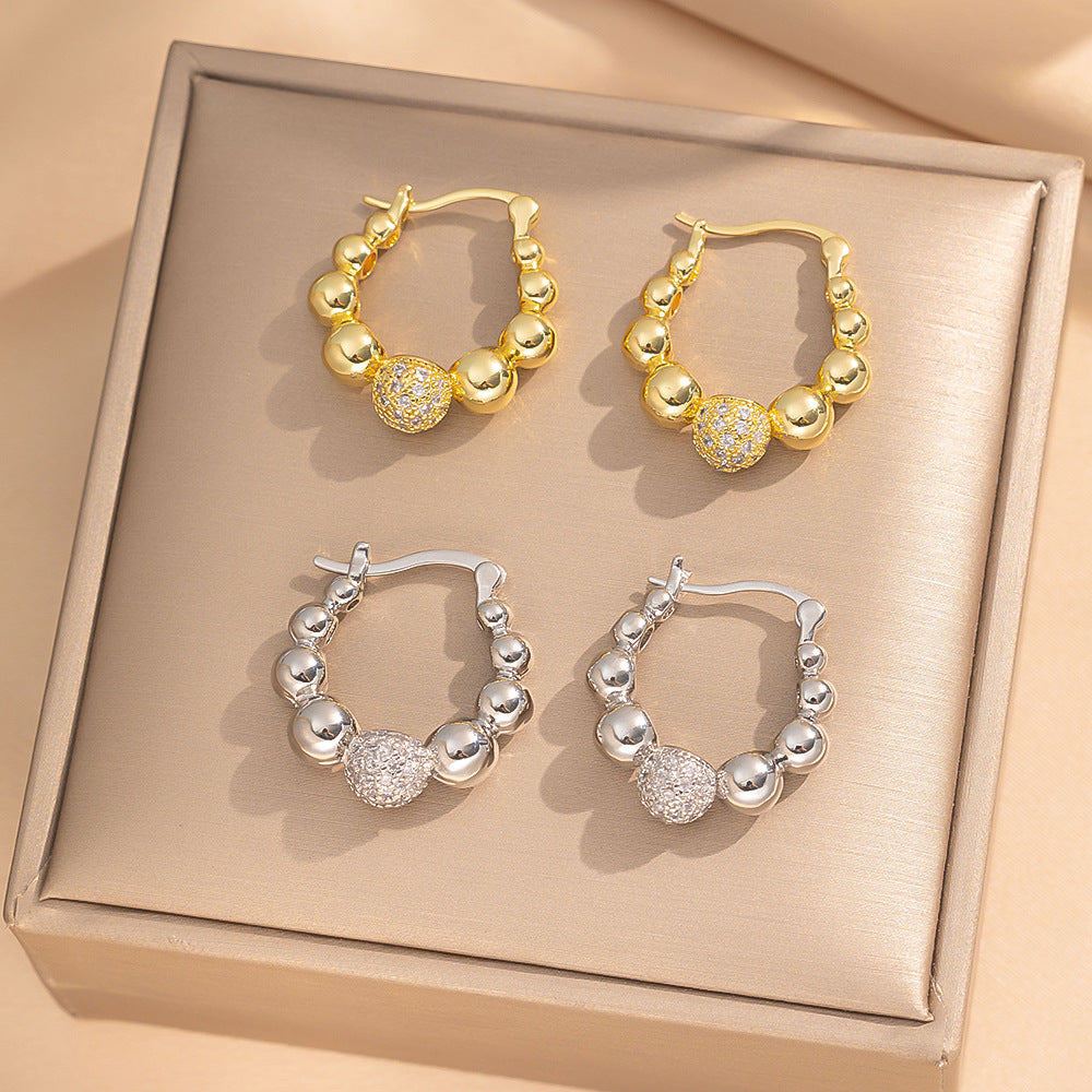 [Love Lucky]Light luxury round bead diamond earrings