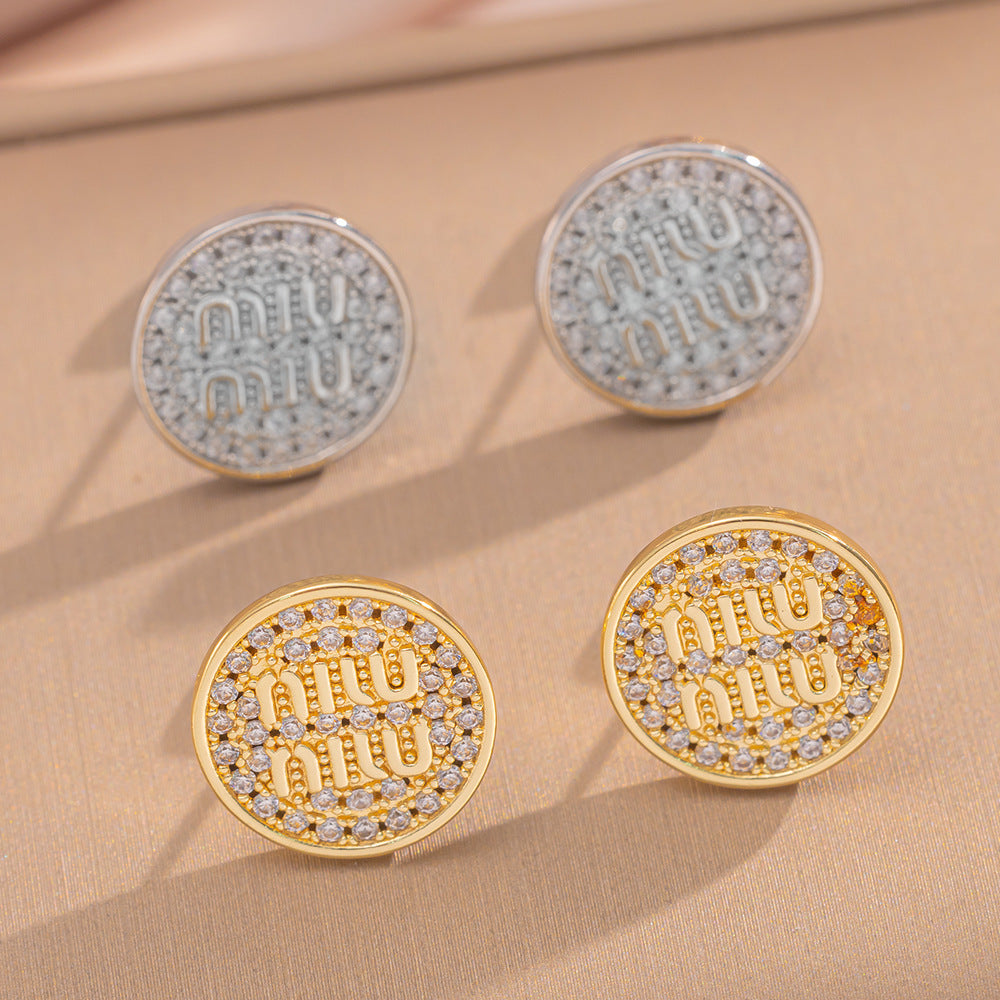 [Love Lucky]Diamond round card letter stud earrings