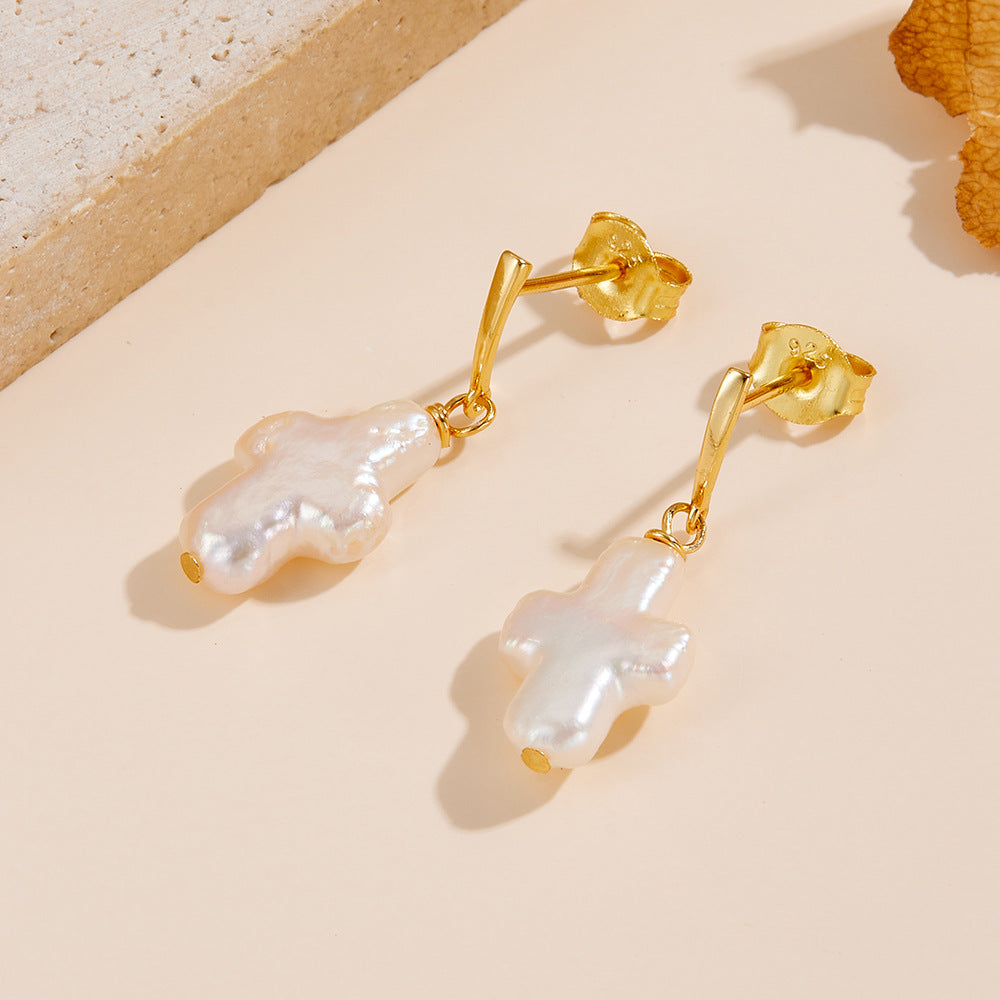 [Love Lucky]S925 silver cross pearl earrings