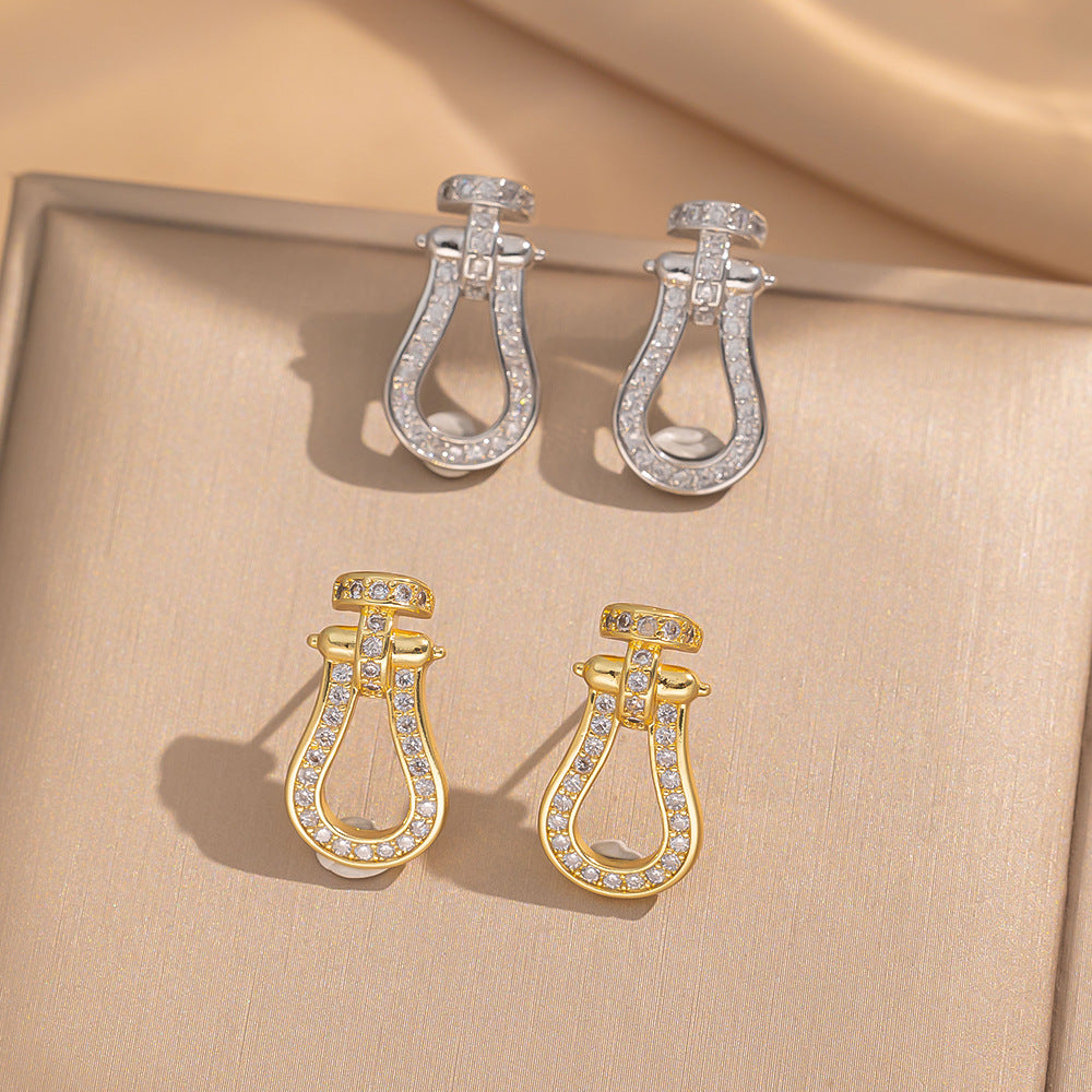 [Love Lucky]Arc de Triomphe full diamond stud earringsHorseshoe buckle diamond stud earrings