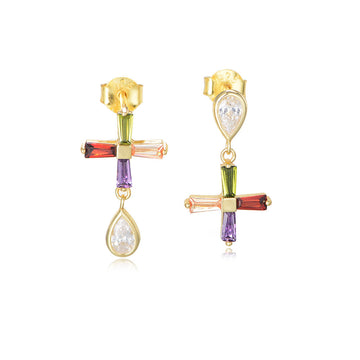 [Love Lucky]S925 silver colored zircon asymmetrical cross earrings