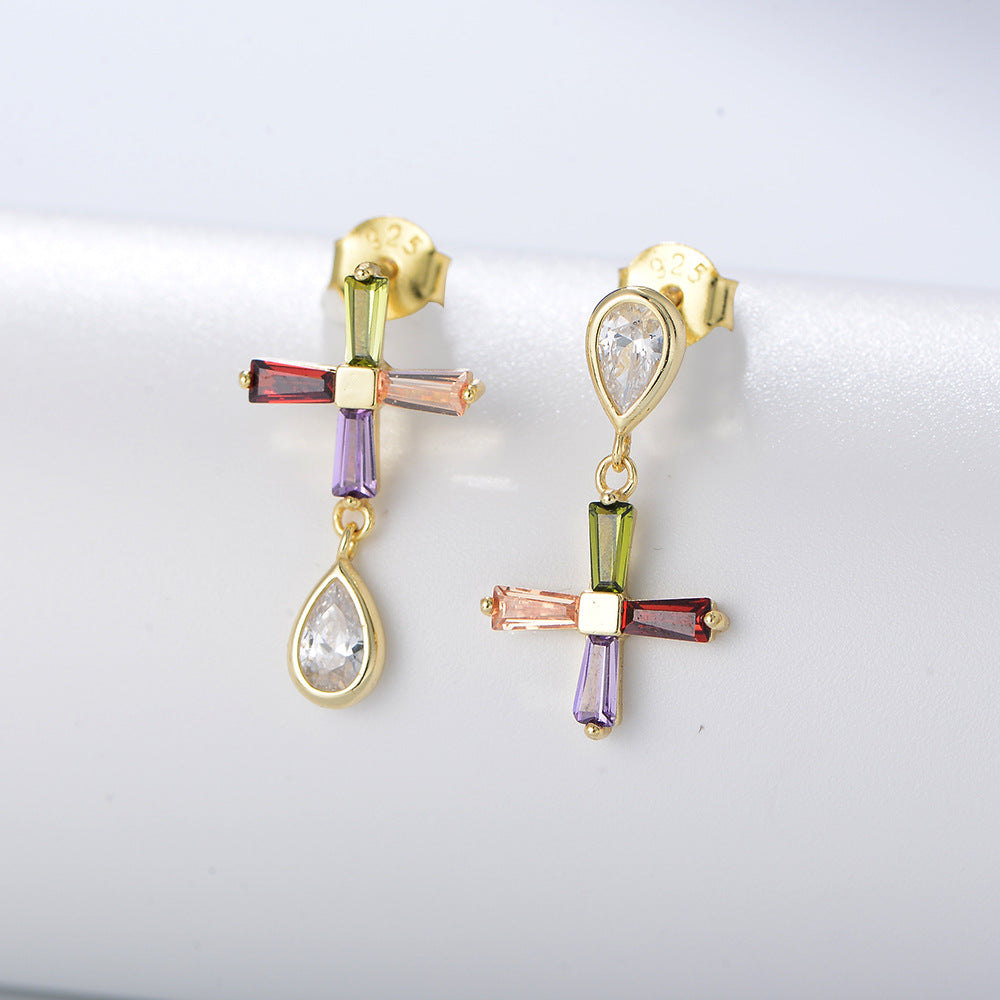 [Love Lucky]S925 silver colored zircon asymmetrical cross earrings