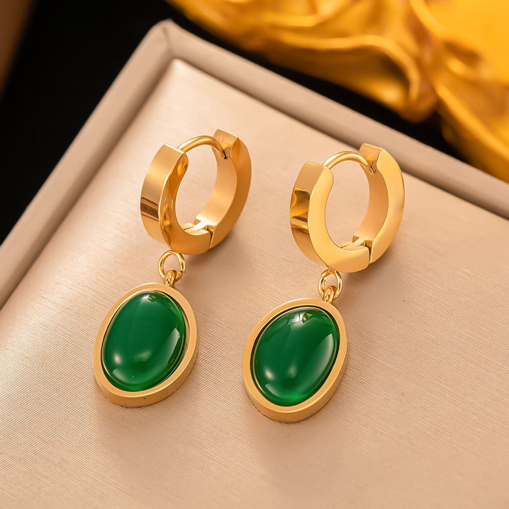 [Love Lucky]Emerald oval stud earrings