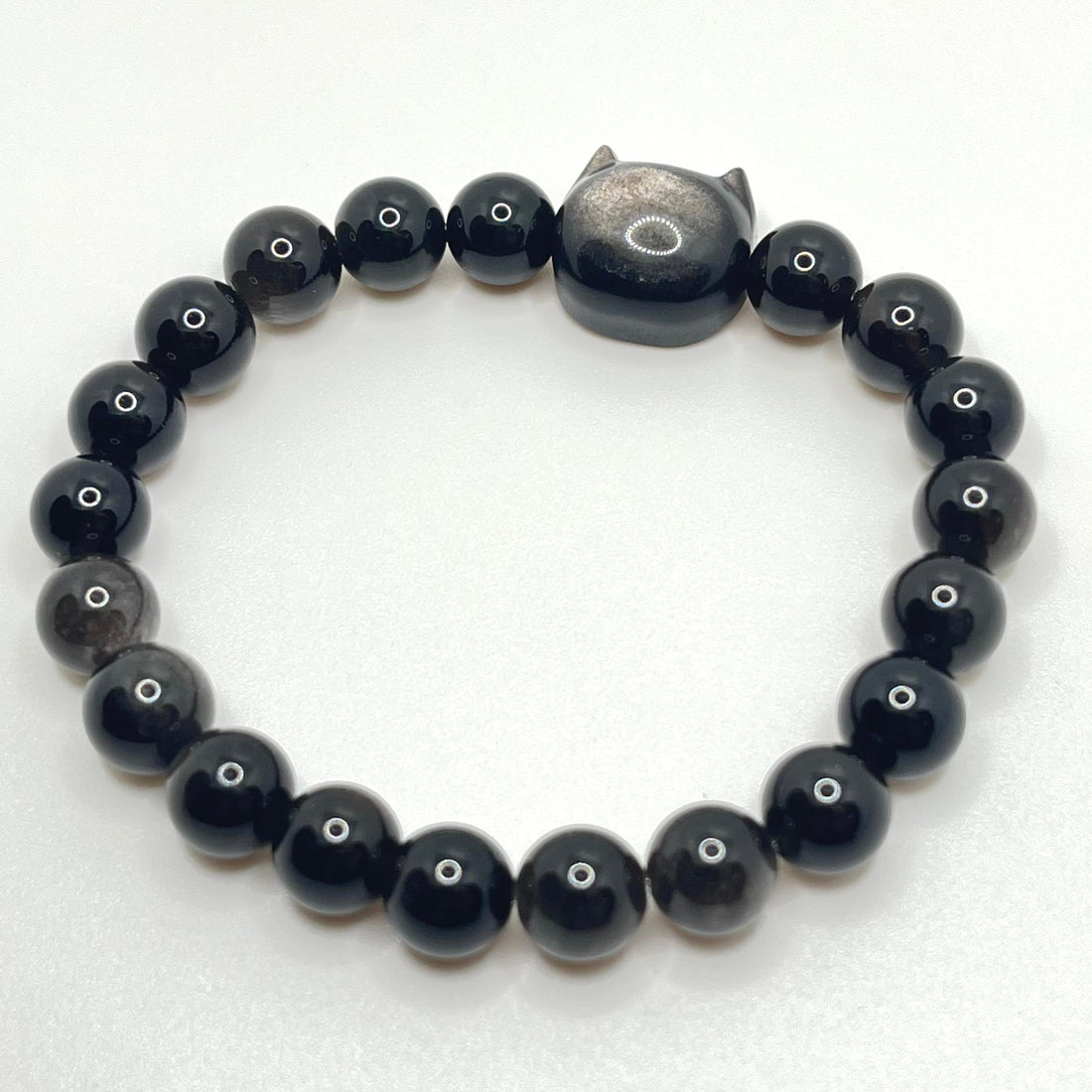[Love Lucky]Silver Obsidian Cat Head Couple Bracelet