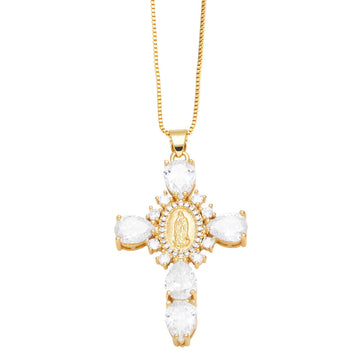 [Love Lucky]White Zirconia Madonna Cross Pendant Necklace