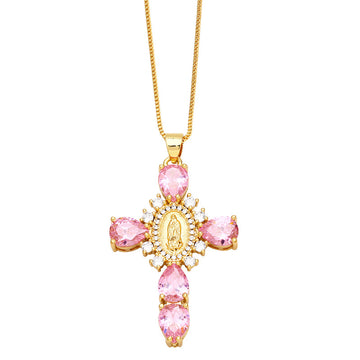 [Love Lucky]Pink Zircon Madonna Cross Pendant Necklace